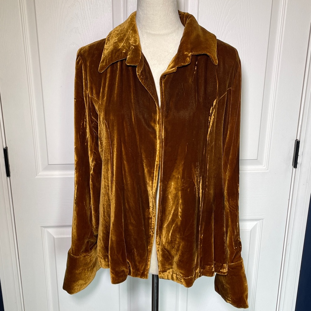 Vintage Y2K Velvet Brown Bronze Karla Kay Steen Collared Open Front Shirt Jacket